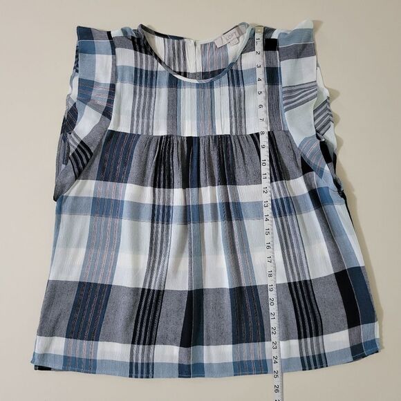 Loft Blue Plaid Rayon Sleeveless Ruffle Blouse - Picture 7 of 16